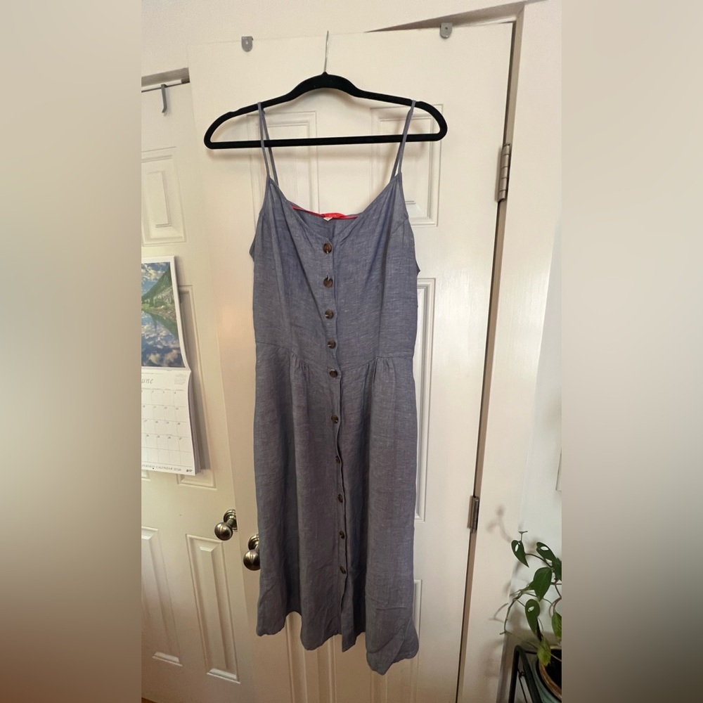 Joules Linen Button-Front Midi Dress in Blue